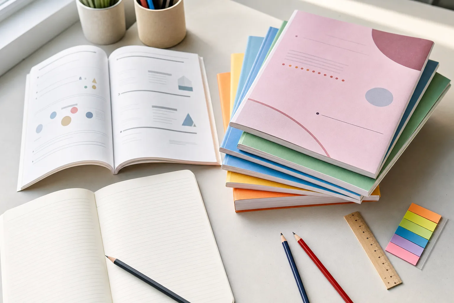 Assessment books and study materials arranged on a desk